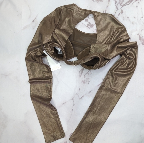 Good American Crop Top Women Mesh Underwire Long Sleeve Mocha Foil - Picture 9 of 10